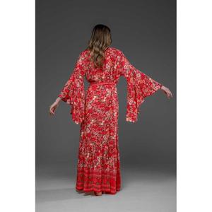 Vestido Maxi Bohemio Rojo con Estampado Floral para Mujer, Cuello en V, Manga Larga, Estilo Envolvente, Verano, Playa, Boho Chic, Elegante y Fluido - Product Image 5