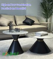 Table basse Saigon avec plateau en pierre frittée et base en métal, table basse conique en pierre, ensemble de 2 pièces, plateau gris