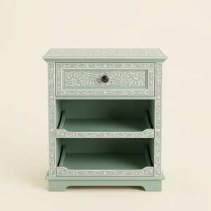 Mesa de Noche Artesanal con Incrustaciones de Hueso Verde Salvia, 1 Cajón y 2 Niveles de Estantes Abiertos, Mesa Auxiliar Floral para Dormitorio - Product Image 1