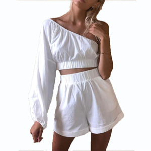Solid Casual Collarless White Linen Cropped <b>One</b> Sleeve <b>Top</b> High Waist Elastic Waistband Shorts Women Summer - Product Image 1