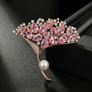 Broche romantique en or rose avec pierres roses taillées en forme de poire et perle d'eau de mer pour femme, bijoux de mariage - Product Image 4