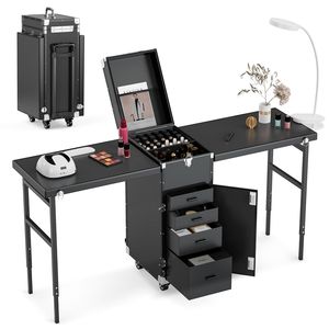 Tavolo da Manicure Portatile Pieghevole con Ruote, 2 Ripiani, Carrello Cosmetico per Insegnamento Unghie e Trucco - Pratico e Portatile - Product Image 1