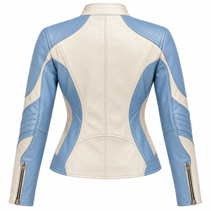 Veste de moto en cuir véritable pour femme, bicolore bleu ciel et ivoire, col mandarin, fermeture éclair diagonale, style motard/racer - Product Image 2
