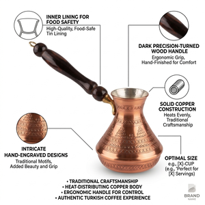 Cafetera Turca Cezve de Cobre Puro con Grabado Vintage, para Estufa, Estilo Griego Briki Ibrik, con Mango de Madera Oscura Brillante - Product Image 2