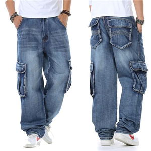 High Quality Men's Plus Size Baggy Denim Jeans Hip Hop Style <b>Loose</b> Fit with Multi-Pocket Big Side Pockets Distressed Washed - Product Image 3