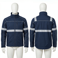 Blouson en cuir robuste à capuche en toile polyester-coton 320 GSM, bleu marine, avec panneaux réfléchissants sur la poitrine et les manches, logo personnalisé