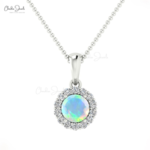 Chordia Jewels Genuine 4mm Ethiopian <b>Opal</b> Round Gemstone Halo Pendant 14k Solid Gold Diamond Drop Pendant <b>Necklace</b> Gift For Wife - Product Image 2
