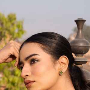 Dual Tone Green And Pink Stone Drop Earrings With CZ In <b>Gold</b> Finish Indian Festive <b>Jewelry</b> Earrings <b>Set</b> 925 Sterling Silver - Product Image 1