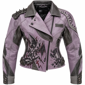 Chaqueta de cuero morada para mujer, estilo punk con tachuelas, abrigo de motociclista, ropa exterior gótica estampada, fabricante personalizado OEM ODM - Product Image 1