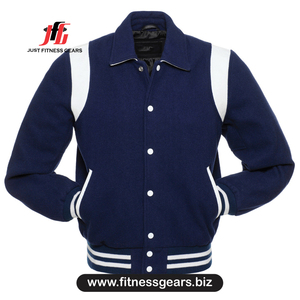 Veste de style universitaire bleu marine pour homme, style preppy, col rabattu, coupe régulière, matière laine et polyester - Product Image 1