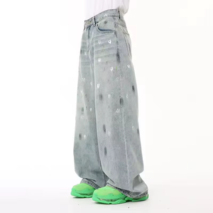 Men's Wide Leg Denim Jeans High Waist Loose Fit Sand Washed Tie Dye Dot Pattern Streetwear Style Summer Cotton Fabric - Product Image 4