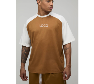 T-shirt surdimensionné à coupe carrée personnalisé OEM, manches courtes raglan, color block, coton et polyester, logo brodé, pour hommes - Product Image 1