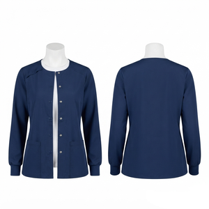 Blouse de travail médicale pour femmes et hommes, en tissu polyester élasthanne 180 GSM, bleu marine, avec boutons-pression et logo brodé personnalisé - Product Image 1