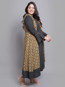 Black Cotton Anarkali Kurti With Floral And Stripe <b>Print</b> Embroidery Mandarin Collar Bell Sleeves For Plus Size Women's Wear - Product Image 3