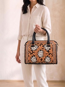 Custom Genuine Leather Weekender Handbag Embossed Floral Tote Duffel <b>Bag</b> Zipper Closure Travel <b>Overnight</b> Purse - Product Image 4