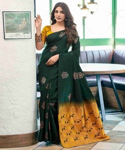 Sari de Seda Verde con Borde Dorado, Tradicional Indio para Bodas, para Mujer, Largo hasta el Suelo, Corte Regular, Estilo Banarasi - Product Image 1