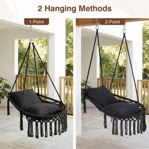Black Boho Macrame Hanging Swing Chair 2 Padded Cushions 330LBS Capacity <b>Hammock</b> for Indoor/Outdoor Bedroom Patio for Exterior - Product Image 2