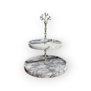 Reliable Round Marble Cake <b>Stand</b> 2 Tier Handmade Stone Serving Tray with Metal <b>Tree</b> Top Handle - Product Image 3