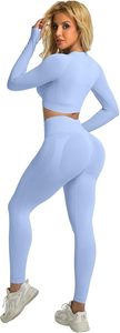 Ensemble de yoga sans couture pour femme : Leggings taille haute pleine longueur et haut à manches longues, couleur unie, extensible, tenue de sport avec découpes - Product Image 3