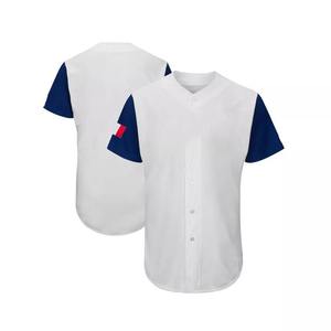 เสื้อเบสบอลสีขาวสำหรับผู้ชาย แขนสีน้ำเงินกรมท่า พร้อมแถบสีแดงที่แขนซ้าย ติดกระดุมด้านหน้า แขนสั้น ทรงปกติ - Product Image 1
