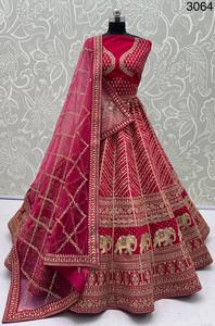 Women's Embroidered Empire Waist High Neckline Floor-Length <b>Lehenga</b> Choli Set Sweep Train 100% Silk Lace Fabric Wedding Dress - Product Image 3