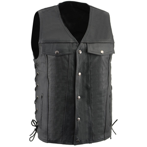 <b>Men's</b> Black Genuine Leather Motorcycle <b>Vest</b> – Classic Biker Style Sleeveless Jacket with Snap Button Closure Adjustable Side - Product Image 1