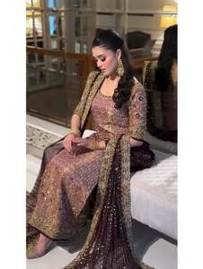 Elegant Beaded Long Shirt Wedding Wear Scalloped Neck Full Sleeve A-Line Floor-Length Embroidered Chiffon Dress Wrinkle-Free - Product Image 1