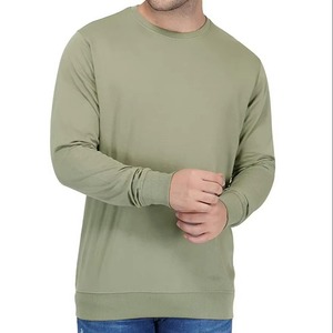 Men's Olive Green Crew Neck Pullover Sweatshirt Regular Fit Solid Color Knitted Cotton Casual Autumn Wear - Product Image 1