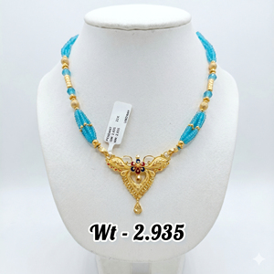 22k Solid Gold Lightweight Necklace Traditional Butterfly Floral Pendant Sky Blue <b>Bead</b> Chain Choker Jewelry for Women - Product Image 2