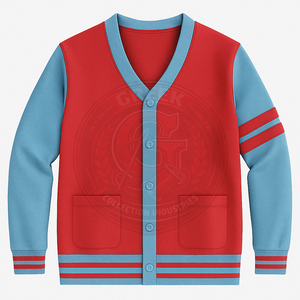 Cardigan en coton molletonné tricoté contrastant rouge et bleu pour homme et femme avec poches, col en V, manches longues, à porter toute l'année - Product Image 2