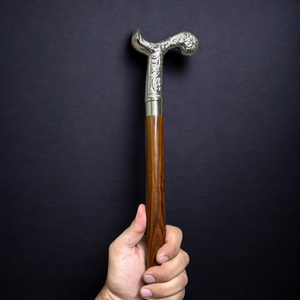 Handcrafted Wooden <b>Walking</b> Cane with Ornate Engraved Metal Handle Decorative Wood <b>Walking</b> <b>Stick</b> for <b>Men</b> and Women, Vintage Style - Product Image 3