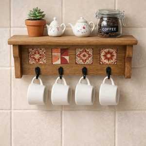 Wooden Wall <b>Shelf</b> Coffee <b>Storage</b> Jar Ceramic Tiles Hooks Holds Mugs Rustic <b>Kitchen</b> Organizer Stylish Functional Modern Trendi - Product Image 1