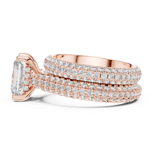 Bague de fiançailles de luxe en or rose avec diamant de laboratoire taille émeraude et double pavé, ensemble de bijoux de mariée moderne en diamant pour femme - Product Image 5