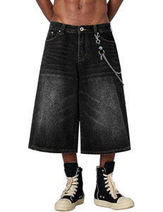 Men's High <b>Waist</b> Washed Denim Capri Shorts Street Style With <b>Chain</b> Decoration Black Cotton Canvas - Product Image 1
