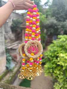 Pink Lotus MDF Wall Hanging with Golden Ring, Pom Pom & Bell Tassel Garland for Diwali, Wedding, Navratri Ganesh Chaturthi Decor - Product Image 4
