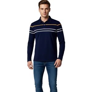 Camiseta Polo a Rayas de Manga Larga para Hombre, Estilo Rugby Casual, Corte Ajustado, Cuello con Botones, Moda Otoñal - Product Image 1