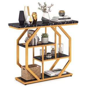 39.5\" Modern 4-Tier Storage <b>Console</b> <b>Table</b> with Black <b>Gold</b> Finish and Faux Marble Top for Living Room or Entryway - Product Image 1