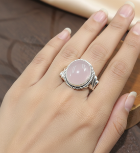 Natural 925 Sterling Silver Rose Quartz <b>Ring</b> Handmade Boho Vintage Style Round Cabochon Healing <b>Crystal</b> Women Jewelry for Unisex - Product Image 2