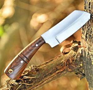 Cuchillo de vaquero forjado a mano de acero al carbono, con filo biselado, personalizado OEM, hoja fija de espiga completa, mango de palisandro y funda de cuero. - Product Image 4