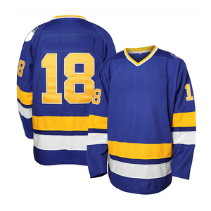 Camiseta de Hockey sobre Hielo Personalizada Azul y Amarilla, Cuello en V, Manga Larga, 100% Poliéster Transpirable, Números de Equipo Impresos, Ropa para Adultos - Product Image 1