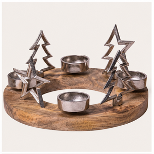 Handmade Natural Mango Wood Advent Candle Holder With Silver Metal Stars And Trees Round Rustic Tealight <b>Stand</b> For Christmas - Product Image 6