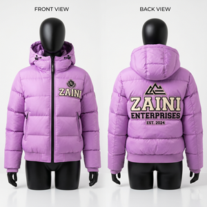 Women Puffer <b>Jacket</b> 320 GSM Premium Nylon Polyester Fabric Lilac Quilted Panel Hooded Custom Embroidery Chenille Patch Print - Product Image 1