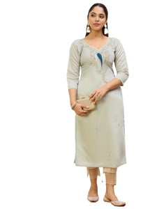 Women's Light Grey Viscose Roman Silk Kurta with Embroidered Peacock Motif Midi Length Traditional Indian Casual Wear - Product Image 4