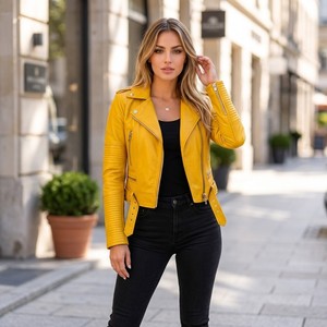 Women's Winter Fashion Motorcycle <b>Jacket</b> Zipper Simple <b>Long</b> Sleeve Eco-Friendly Sheep <b>Leather</b> Coat - Product Image 1