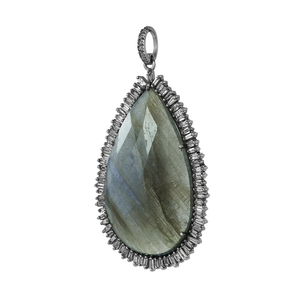 Collier chaîne en diamant baguette naturel, pendentif en pierre précieuse labradorite en forme de poire, bijoux fins, vente en gros, argent 925 oxydé - Product Image 5