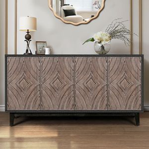 Credenza Buffet in Legno Massello Stile Mid-Century da 60 Pollici con 4 Motivi a Diamante Convessi per Cucina - Product Image 1