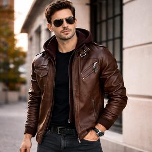 Veste en cuir marron café à manches longues pour homme, style décontracté, collection 2025 – Veste de travail vintage tendance et stylée pour homme - Product Image 1