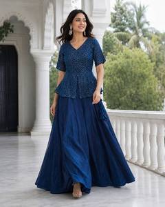 Conjunto de Lehenga de Diseñador para Mujer, Azul y Marrón, Bordado, para Fiesta, Estilo Fusion - Product Image 6