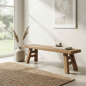 Solid Wood Low <b>Bench</b> Modern Minimalist A Line Frame Leg Natural Teak Style Wooden <b>Bench</b> Shoe Change Stool Home Seating Furniture - Product Image 4