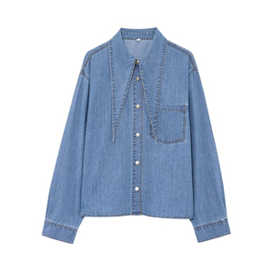 Chemise en jean pour femme 2026 à col mandarin en polyester, coupe droite, manches longues, décontractée d'été, boutonnée sur le devant, qualité supérieure pour le bureau - Product Image 1